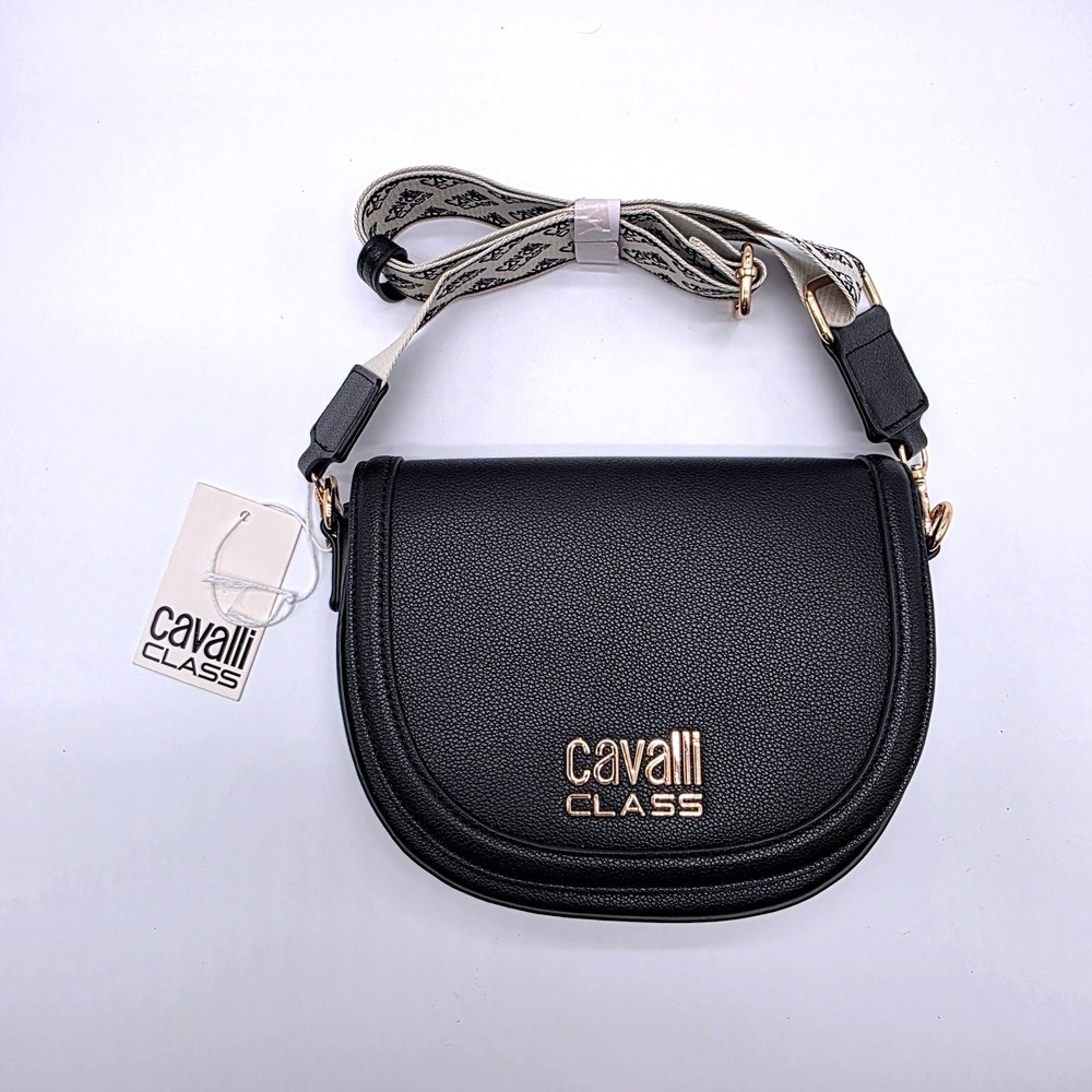Cavalli Class Milan Saddle Crossbody Bag Pebbled Gold Logo CCF24112-BLAK NWT